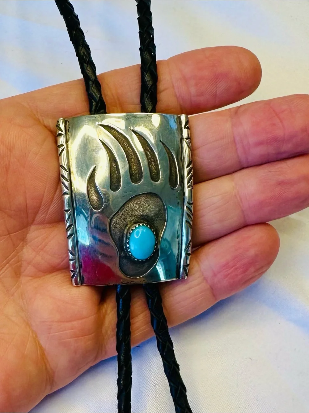 Sterling Silver Zuni Bear Paw Shadowbox Bolo Tie